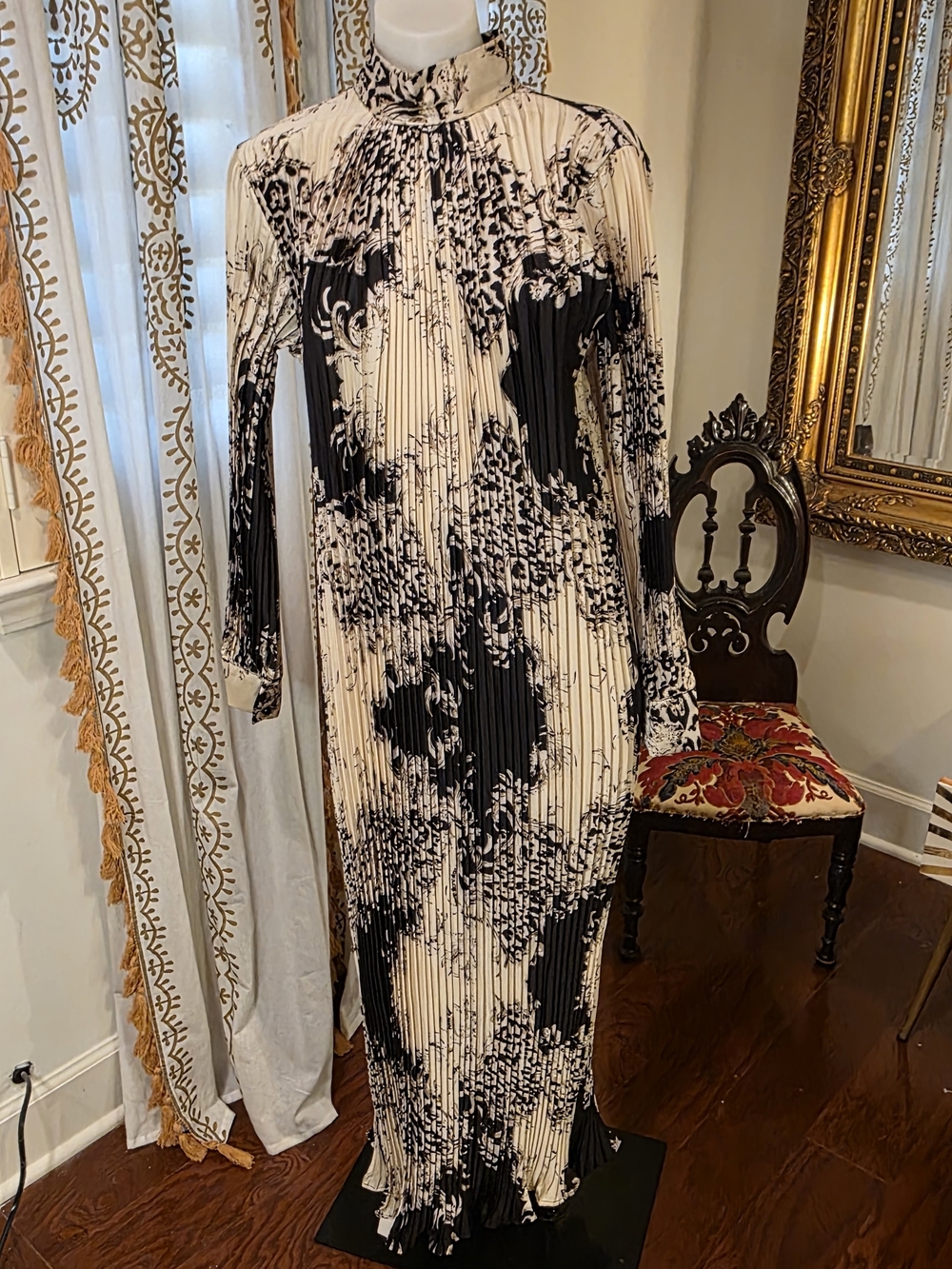 Gothic Victorian High-Neck Black & Cream Pleated Maxi Dress Moira Rose Coded